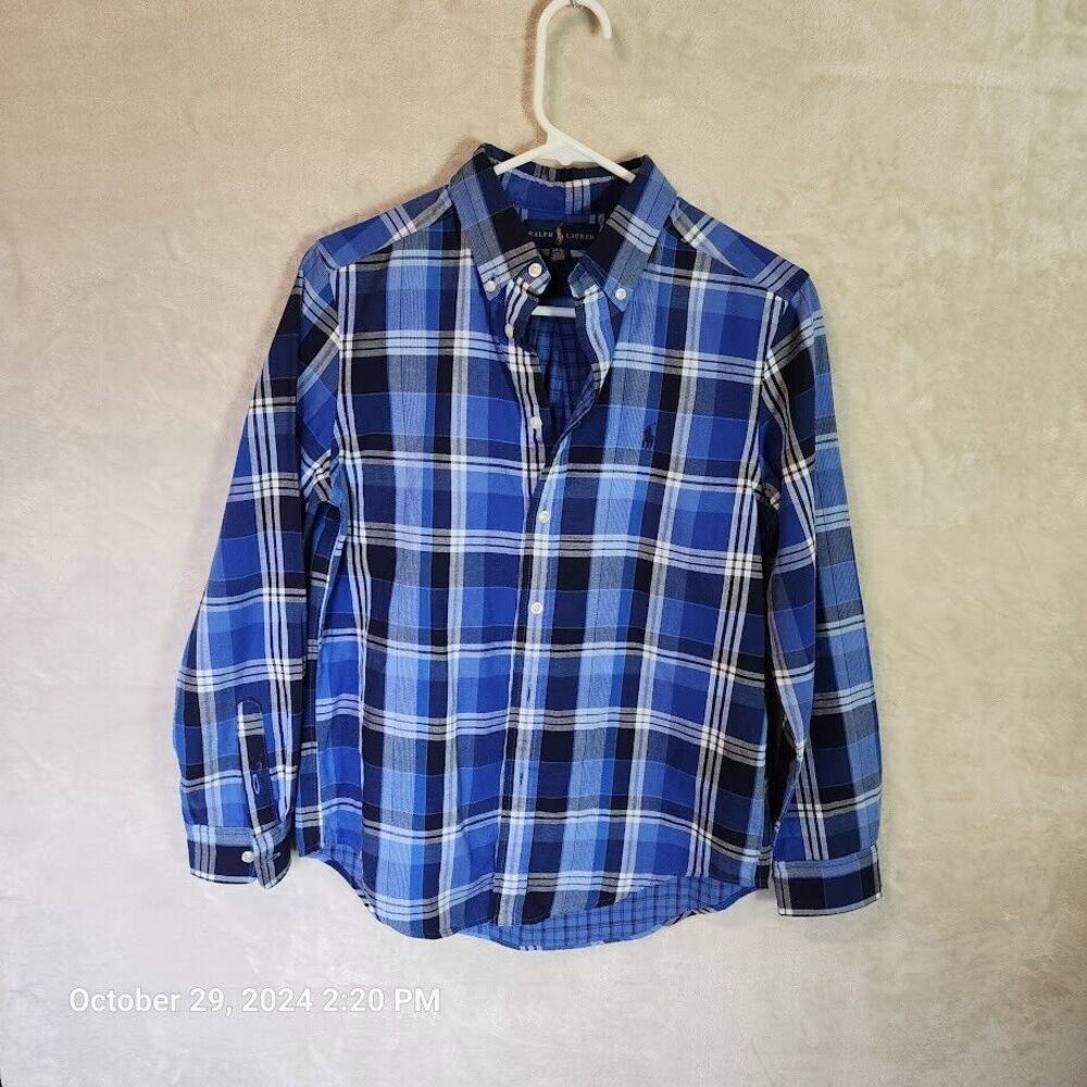 Ralph Lauren Indigo Madras Plaid Button Up Down Shirt Long Sleeve  Size L 14-16
